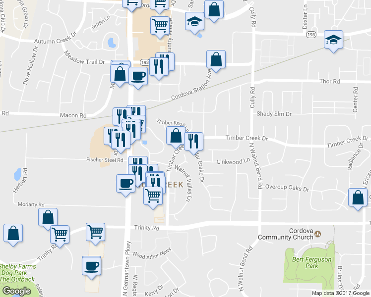map of restaurants, bars, coffee shops, grocery stores, and more near 8191 Walnut Valley Cove in Cordova