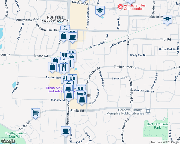 map of restaurants, bars, coffee shops, grocery stores, and more near 831 Timber Creek Drive in Memphis