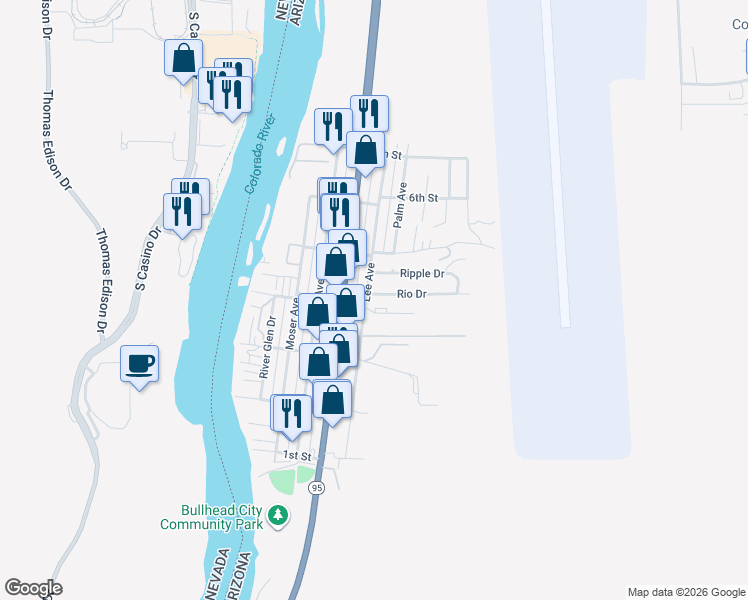 map of restaurants, bars, coffee shops, grocery stores, and more near 2376 Rio Dr in Bullhead City