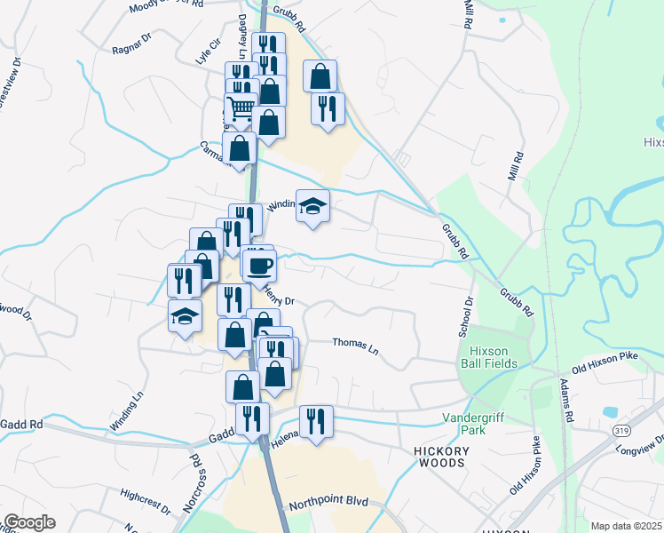 map of restaurants, bars, coffee shops, grocery stores, and more near 1243 Towne Hills Drive in Chattanooga