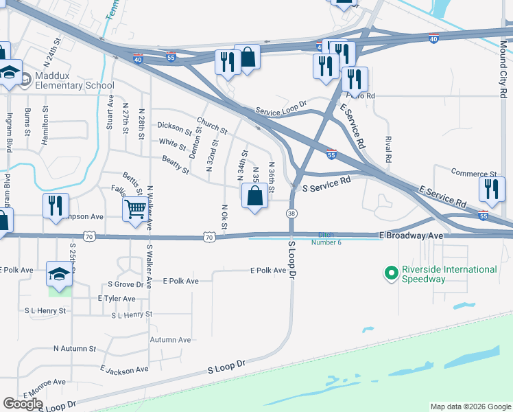 map of restaurants, bars, coffee shops, grocery stores, and more near 3503 Beatty Street in West Memphis