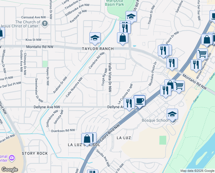 map of restaurants, bars, coffee shops, grocery stores, and more near 5404 Valle Vista Drive Northwest in Albuquerque