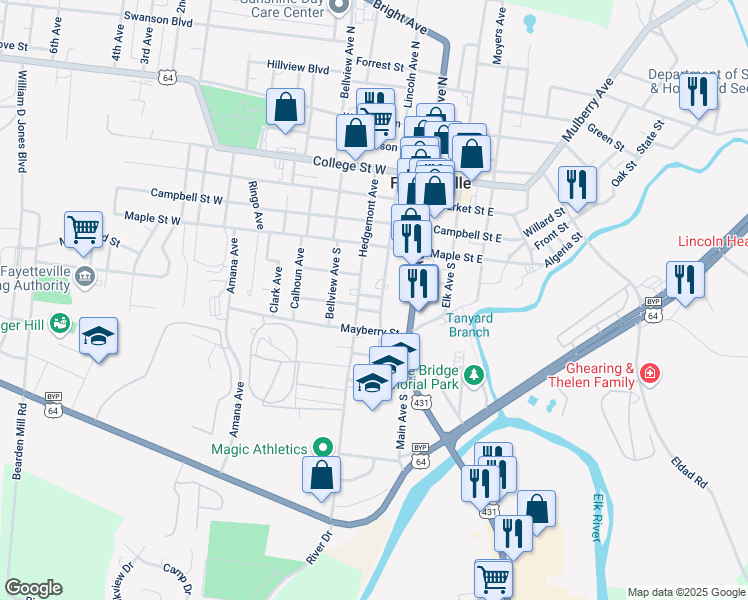 map of restaurants, bars, coffee shops, grocery stores, and more near 424 Lincoln Avenue South in Fayetteville