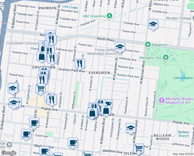 map of restaurants, bars, coffee shops, grocery stores, and more near 360 North Avalon Street in Memphis