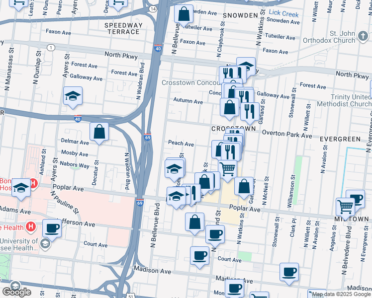 map of restaurants, bars, coffee shops, grocery stores, and more near 325 Malvern Street in Memphis