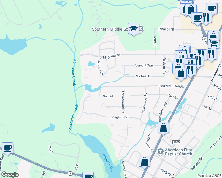 map of restaurants, bars, coffee shops, grocery stores, and more near 707 John McQueen Road in Aberdeen