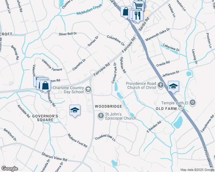 map of restaurants, bars, coffee shops, grocery stores, and more near 5409 Carmel Park Drive in Charlotte