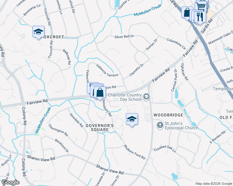map of restaurants, bars, coffee shops, grocery stores, and more near 8009 Fairview Road in Charlotte