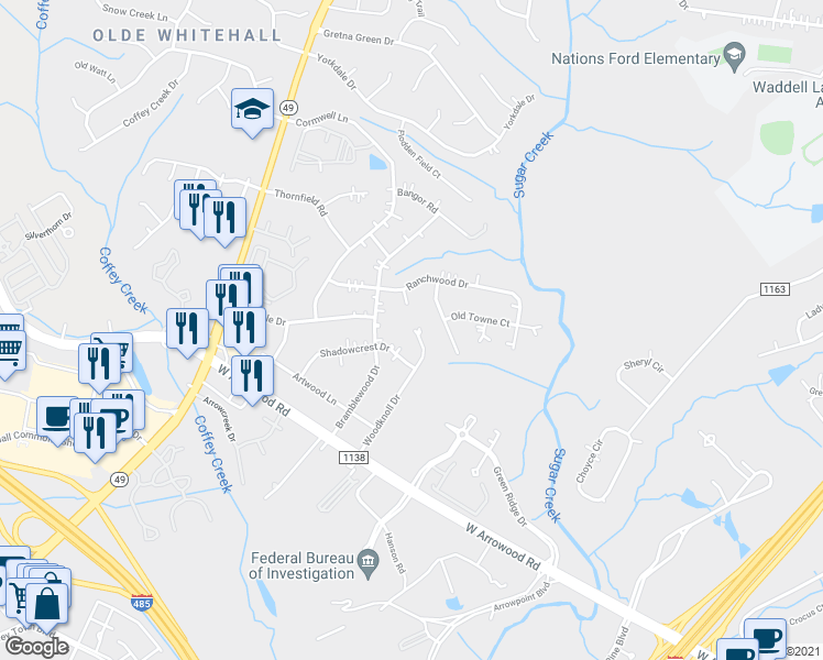 map of restaurants, bars, coffee shops, grocery stores, and more near 7500 Woodknoll Drive in Charlotte