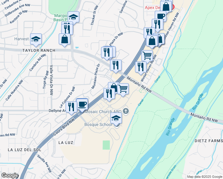 map of restaurants, bars, coffee shops, grocery stores, and more near Coors Boulevard Northwest in Albuquerque