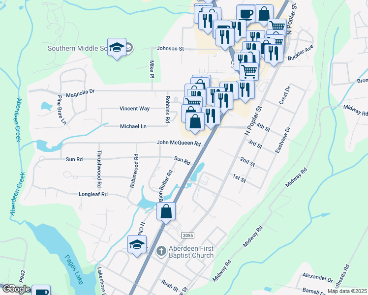 map of restaurants, bars, coffee shops, grocery stores, and more near 305 John McQueen Road in Aberdeen