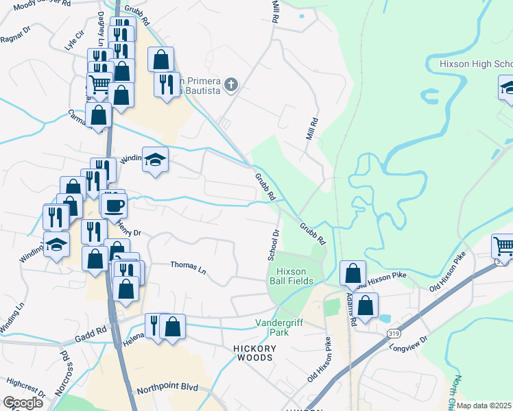 map of restaurants, bars, coffee shops, grocery stores, and more near 1531 Chase Meadows Circle in Chattanooga