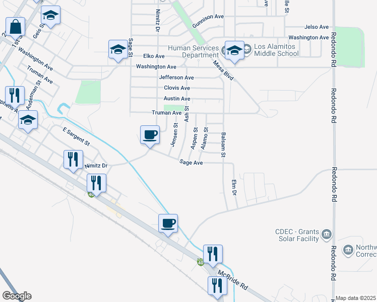 map of restaurants, bars, coffee shops, grocery stores, and more near 417 Aspen Street in Grants