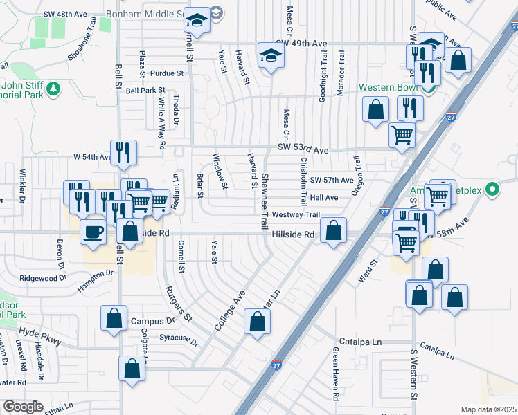 map of restaurants, bars, coffee shops, grocery stores, and more near 5805 Harvard Street in Amarillo