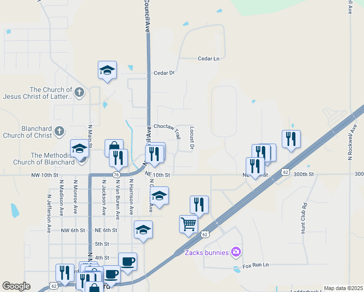 map of restaurants, bars, coffee shops, grocery stores, and more near 1210 Choctaw Trail in Blanchard