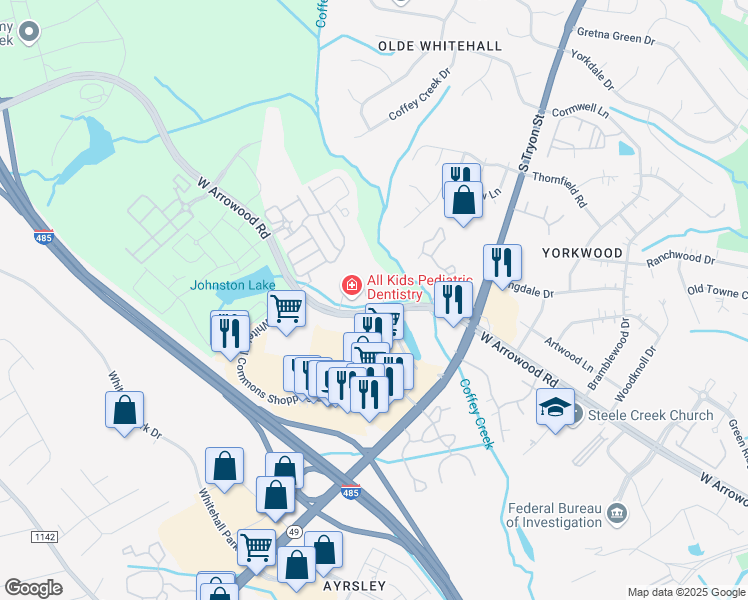 map of restaurants, bars, coffee shops, grocery stores, and more near 2610 West Arrowood Road in Charlotte