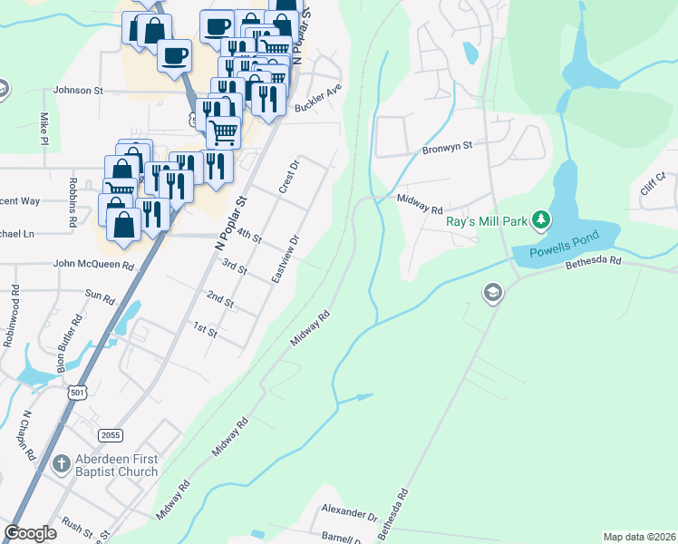 map of restaurants, bars, coffee shops, grocery stores, and more near 592 Midway Road in Aberdeen