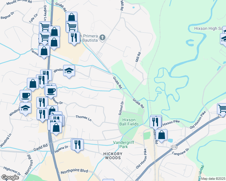 map of restaurants, bars, coffee shops, grocery stores, and more near 1531 Chase Meadows Circle in Chattanooga
