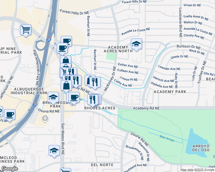 map of restaurants, bars, coffee shops, grocery stores, and more near 5981 Mckinney Drive Northeast in Albuquerque