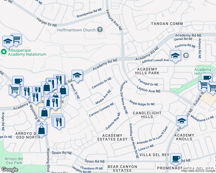 map of restaurants, bars, coffee shops, grocery stores, and more near 9015 Caminito Drive Northeast in Albuquerque