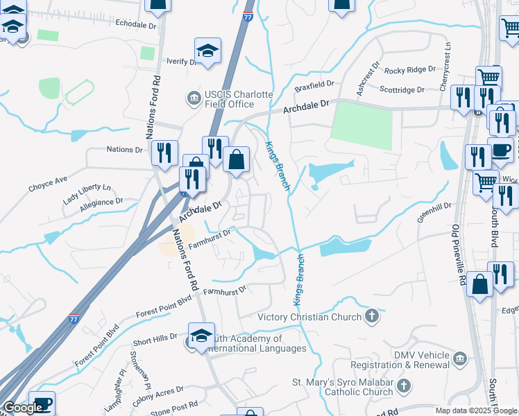 map of restaurants, bars, coffee shops, grocery stores, and more near 807 High Meadow Lane in Charlotte