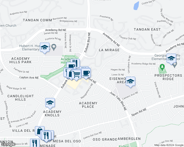 map of restaurants, bars, coffee shops, grocery stores, and more near 6200 Antigua Street Northeast in Albuquerque