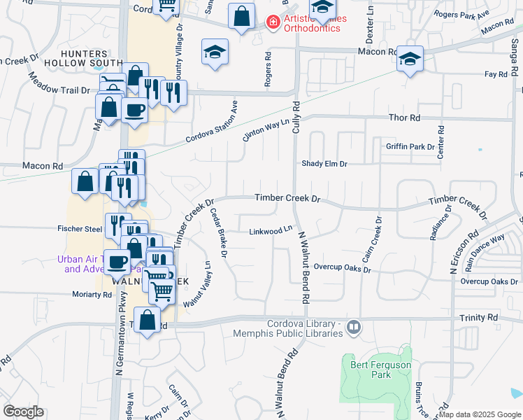 map of restaurants, bars, coffee shops, grocery stores, and more near 8288 Weatherwood Lane in Memphis