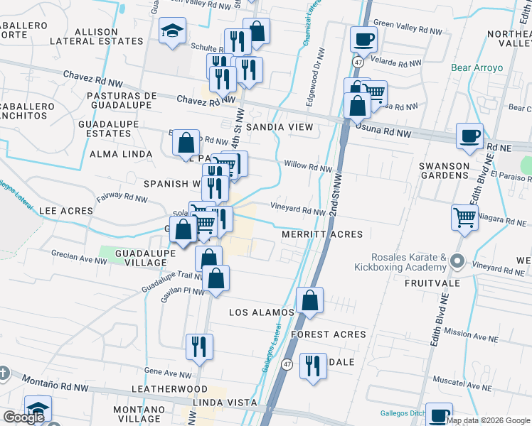 map of restaurants, bars, coffee shops, grocery stores, and more near 330 Vineyard Road Northwest in Los Ranchos de Albuquerque