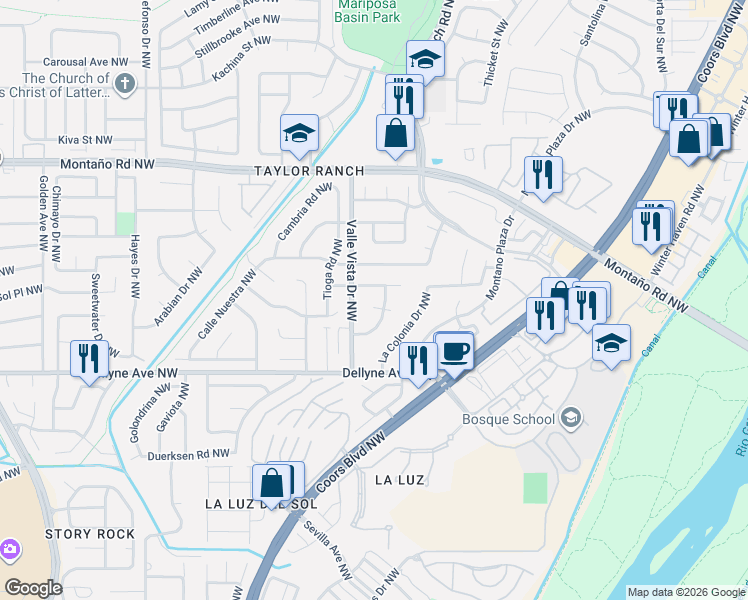 map of restaurants, bars, coffee shops, grocery stores, and more near 5404 Valle Vista Drive Northwest in Albuquerque
