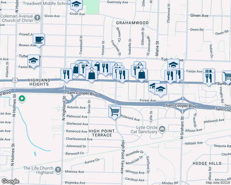 map of restaurants, bars, coffee shops, grocery stores, and more near 594 High Point Terrace in Memphis