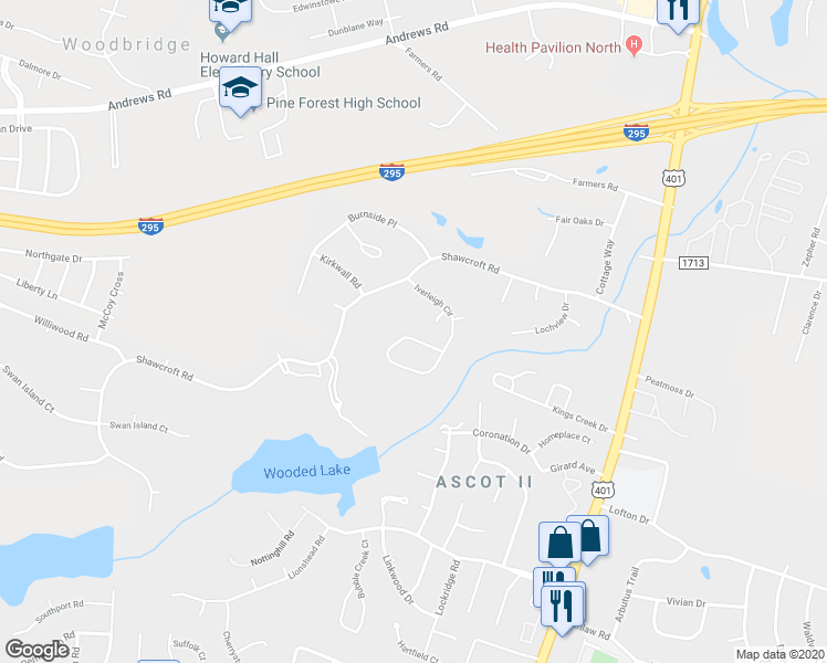 map of restaurants, bars, coffee shops, grocery stores, and more near 6012 Iverleigh Circle in Fayetteville