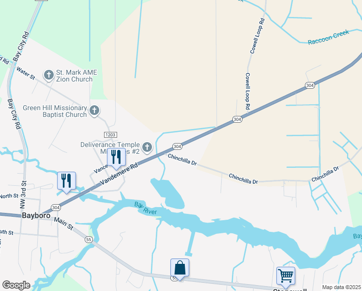 map of restaurants, bars, coffee shops, grocery stores, and more near North Carolina 304 in Bayboro