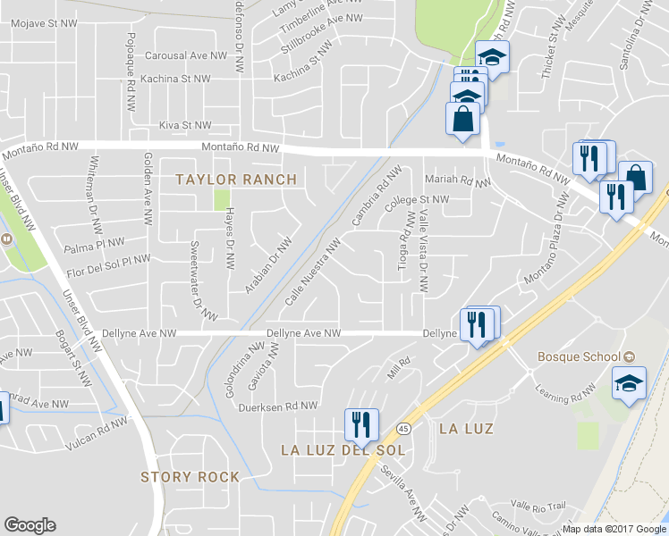 map of restaurants, bars, coffee shops, grocery stores, and more near 5424 Las Trampas Way Northwest in Albuquerque