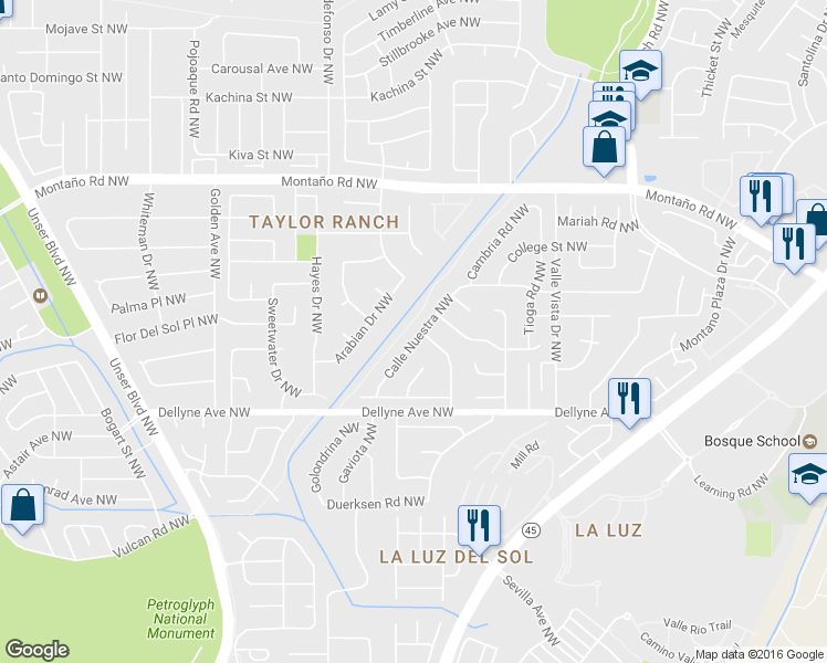 map of restaurants, bars, coffee shops, grocery stores, and more near 5325 Calle Nuestra NW in Albuquerque