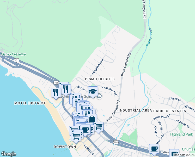 map of restaurants, bars, coffee shops, grocery stores, and more near 820 Stratford Street in Pismo Beach