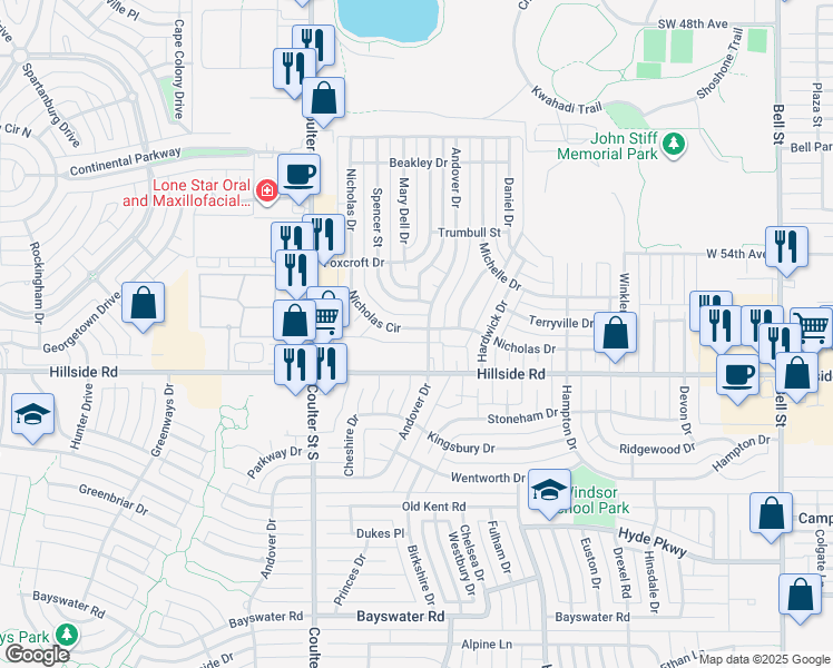 map of restaurants, bars, coffee shops, grocery stores, and more near 5836 Nicholas Drive in Amarillo