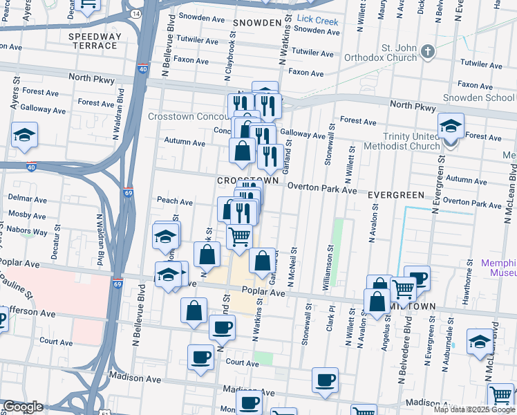 map of restaurants, bars, coffee shops, grocery stores, and more near 337 North Watkins Street in Memphis