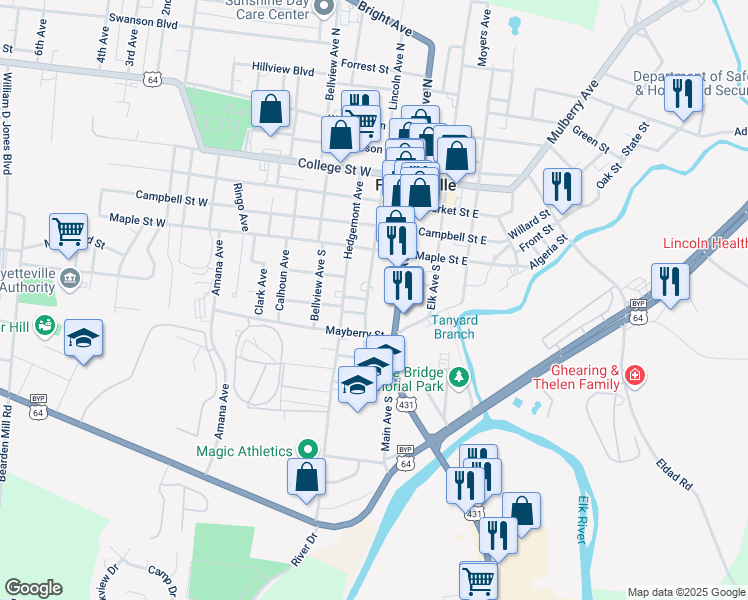 map of restaurants, bars, coffee shops, grocery stores, and more near 424 Lincoln Avenue South in Fayetteville