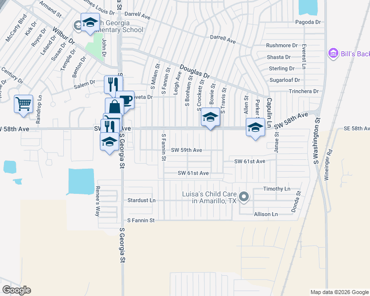 map of restaurants, bars, coffee shops, grocery stores, and more near 5812 South Bonham Street in Amarillo