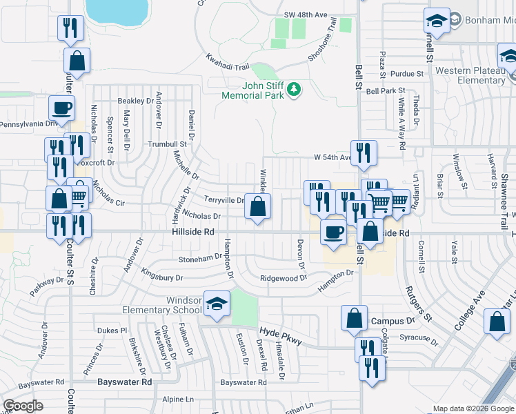 map of restaurants, bars, coffee shops, grocery stores, and more near 5810 Winkler Drive in Amarillo