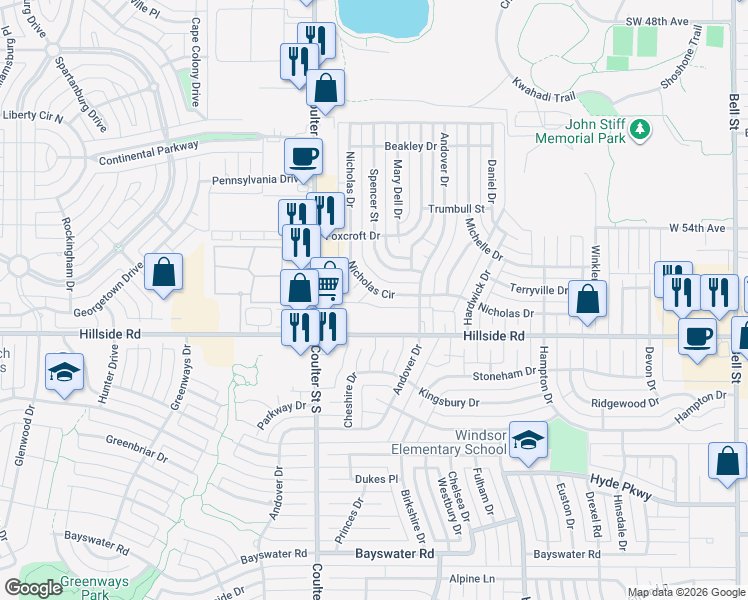 map of restaurants, bars, coffee shops, grocery stores, and more near 5822 Nicholas Circle in Amarillo