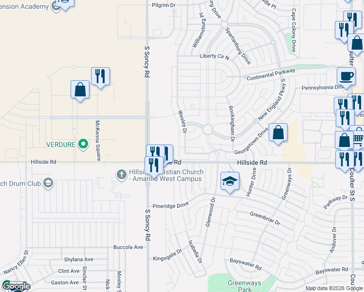 map of restaurants, bars, coffee shops, grocery stores, and more near Hillside Road in Amarillo