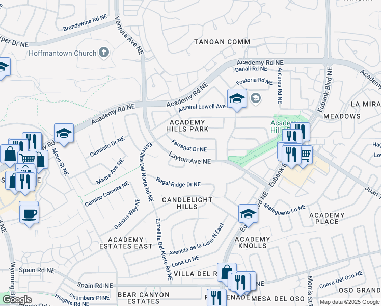 map of restaurants, bars, coffee shops, grocery stores, and more near 9412 Farragut Drive Northeast in Albuquerque