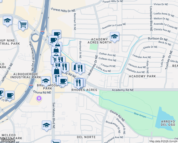 map of restaurants, bars, coffee shops, grocery stores, and more near 5992 McKinney Drive Northeast in Albuquerque