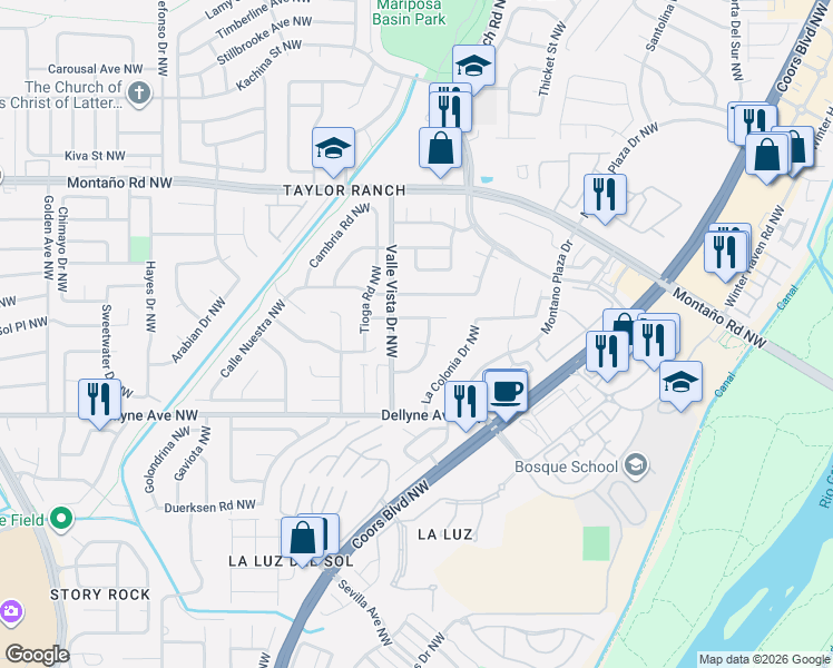 map of restaurants, bars, coffee shops, grocery stores, and more near 5404 Valle Vista Drive Northwest in Albuquerque