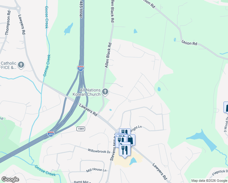 map of restaurants, bars, coffee shops, grocery stores, and more near 5800 Allen Black Road in Charlotte
