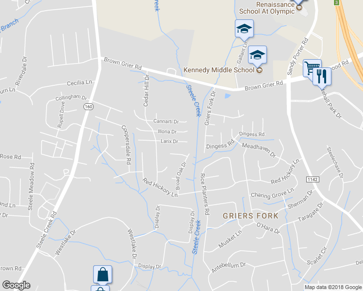 map of restaurants, bars, coffee shops, grocery stores, and more near 11632 Larix Drive in Charlotte