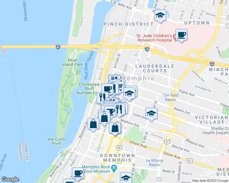 map of restaurants, bars, coffee shops, grocery stores, and more near in Memphis