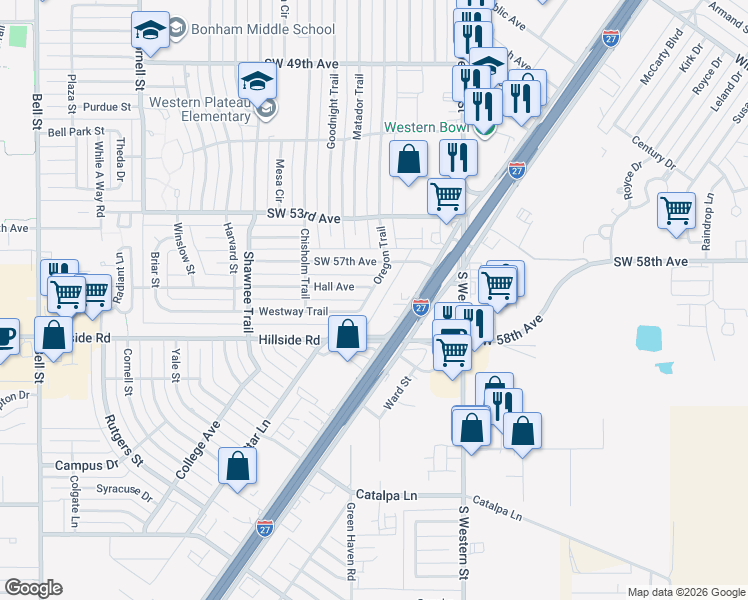 map of restaurants, bars, coffee shops, grocery stores, and more near 5803 Oregon Trail in Amarillo