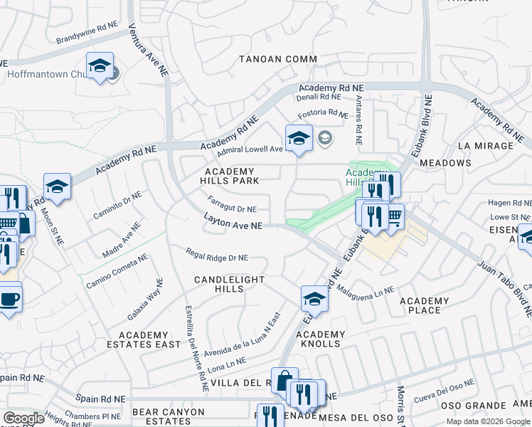 map of restaurants, bars, coffee shops, grocery stores, and more near 9520 Farragut Drive Northeast in Albuquerque